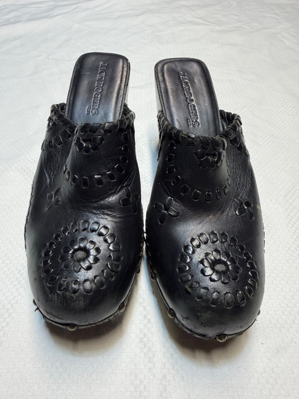 Jack Rogers Black Leather Floral Cutout Mule Clogs
